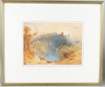 CIRCLE OF J M W TURNER Figure seated on the edge of a gorge with classical buildings above,