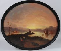 VICTORIAN SCHOOL Twilight river landscape with steam and sailing boats, figures on the bank, oil