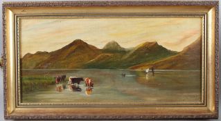 SCOTTISH SCHOOL (19TH CENTURY) Mountain landscape with cattle at a lake side, oil on board,