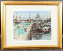 KEN HOWARD Fishing boats moored on a jetty, coloured print, signed in pencil 27 x 32cm