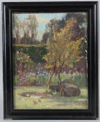 CIRCLE OF W S McGEORGE Corner of a garden oil on canvas board extensively inscribed verso 25.5 x