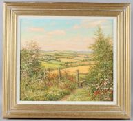 MERVYN GOODE 'Stile and patchwork fields, Mid-summer' oil on canvas signed, 34 x 39cm