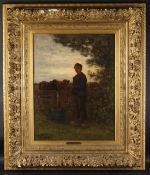 BERNARDUS JOHANNES BLOMMERS (1845-1914) Boy by a fence with cattle, oil on panel, signed and