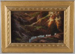 AGUDO CLARA (1880-1966) Procession on a mountain path, oil on board, signed, 11 x 18cm