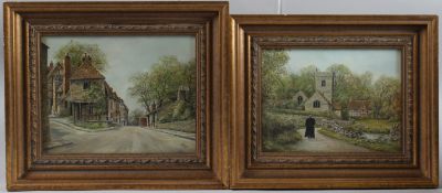 J HOLT (20TH CENTURY) View of a church and another of buildings at a road junction, two oil on