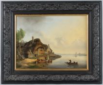 19TH CENTURY SCHOOL Coastal view with fishing boats and cottage, oil on panel, signed
