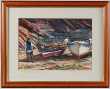 WYN EMMOTT 'Boats at Portloe, Cornwall' oil on paper, signed, 24 x 34.5cm