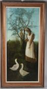 HILARY BRISCOE (EARLY 20TH CENTURY) Girl feeding geese another looking on, oil on canvas, signed