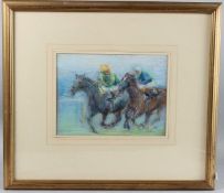 MANNER OF GILBERT HOLIDAY Racehorses at full gallop mixed media signed with initials 23 x 29cm