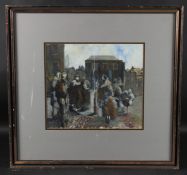 ATTRIBUTED TO RAJMUND KANELBA Figures in a courtyard, gouache 35 x 39cm