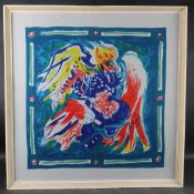 EDUARD PIGNON (1905-1993) Two fighting cocks screenprint on silk, signed and dated '74 in the print,