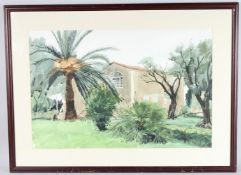 MAURICE COCKRILL (1936-2013) View of a building and palm tree, watercolour, signed and dated in