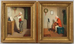 20TH CENTURY SCHOOL An elderly gentleman playing musical instruments, pair of oils on canvas,