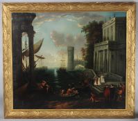 AFTER CLAUDE LORRAINE The embarkation of the Queen of Sheeba, oil on canvas, bears signature R