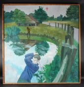 TERRY STOCKBRIDGE 'Beware Farmers at Work' scene at Marehill Pond golf course, Surrey oil on