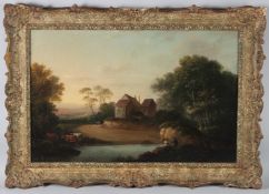 ENGLISH SCHOOL (19TH CENTURY) Landscape with farmhouse and a couple fishing, oil on canvas, 38cm x