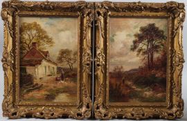 FRED J KNOWLES (1874-1931) View of a cottage with figures feeding hens, and another of a woman