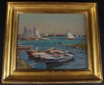 EDWARD SEAGO (1910-1972) 'Soldiers Regatta, Duino' oil on board inscribed verso, unsigned 21 x 26cm