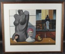 ALAN L CONNELL Surreal composition, coloured chalks signed with initials, further signed on the