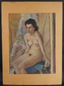 MODERN BRITISH SCHOOL Nude seated on a draped bench oil on canvas signed with initials I H verso,