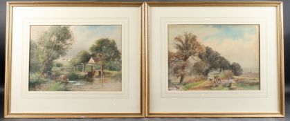 ENGLISH SCHOOL (19TH CENTURY) Two landscapes, cattle watering and another of a country lane, pair of
