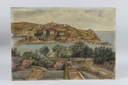 CIRCLE OF GEORGE MELVIN RENNIE Coastal view from a walled garden oil on canvas board, unframed 35