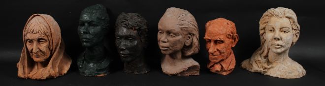 JOANNE THOMSON (1935-2024) six ceramic portrait heads, tallest 33cm