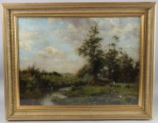 ENGLISH SCHOOL (19TH CENTURY) Landscape with stream, oil on canvas board, signed with a monogram, 43