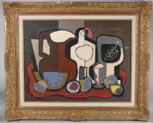 CONTINENTAL SCHOOL (20TH CENTURY) Cubist style still life of a jug and fruit, oil on canvas 48 x