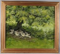 JEAN WESTGATE Sheep sheltering beneath an oak tree oil on board, signed 52 x 59cm