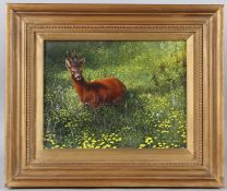 TERENCE LAMBERT (b.1951) Deer in a flower meadow, oil on canvas, signed, 18.5 x 24.5cm