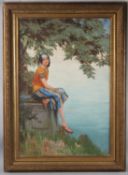 ARTHUR CROFT MITCHELL (1872-1956) 'the Orange Dress' oil on canvas, label verso, 75 x 49.5cm