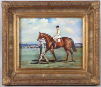 STYLE OF ALFRED MUNNINGS racehorse being led, oil on board, 19 x 24cm