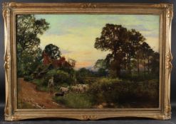 YEEND KING Woodland landscape with shepherd and sheepdog bringing home the flock. oil on canvas,