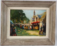 FERDINAND JEANNEAU (1884-1966) Breton festival oil on board, signed, biographical details verso,