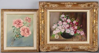 ALTHEA ALLEN Pink roses oil on board, signed 29.5 x 24cm and another of flowers in a bowl, signed