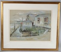 MILFRED S HOLMES (1873-1954) Coastal buildings, watercolour and gouache, exhibition label verso,