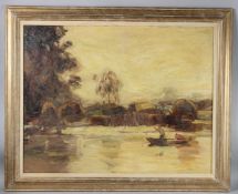 IMPRESSIONIST SCHOOL (20TH CENTURY) Twilight river scene with figures in a boat, oil on canvas, 62 x
