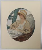 CIRCLE OF JESSIE WILCOX SMITH Lady seated on a lounger with pine trees beyond, pencil and