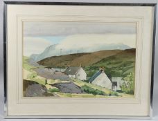 D GREEN Mountain landscape with white cottages, watercolour, signed, 35 x 52.5cm