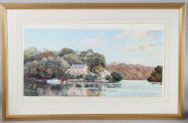 BARNFATHER Lake side house and mooring, coloured print, published by Alexander Gallery, Bristol,