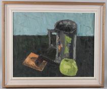20TH CENTURY SCHOOL Still life of jug, pipe and apple oil on canvas, Stencil GR verso 39 x 49cm