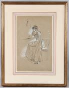 FREDERICK TOWNSEND Young woman sitting at a table reading, black chalk heightened with white,
