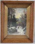 AMERICAN SCHOOL (LATE 19TH / EARLY 20TH CENTURY) Winter scene with hunter on a woodland path, 15.5 x