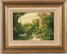 20TH CENTURY SCHOOL Bathers in a woodland rockpool. oil on board, 11.5 x 16.5cm