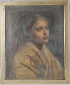 C NOTTIDGE Bust length study of a young woman in a dressing gown, oil on canvas incised signature