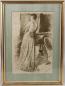ATTRIBUTED TO ETHEL GABAIN Lady standing in an interior, lithograph, 44 x 28cm
