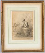 LADY ELIZABETH KEITH HEATHCOTE (19TH CENTURY) Lady and cupid, watercolour sketch, inscribed verso,
