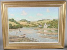 MERVYN GOODE 'Boats and creekside cottages' oil on canvas, signed, 49 x 70cm