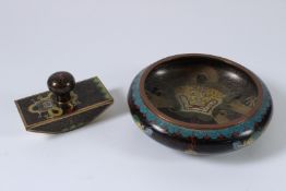 A CLOISONNE ENAMEL CIRCULAR BOWL, 20cms wide, and a blotter (2).